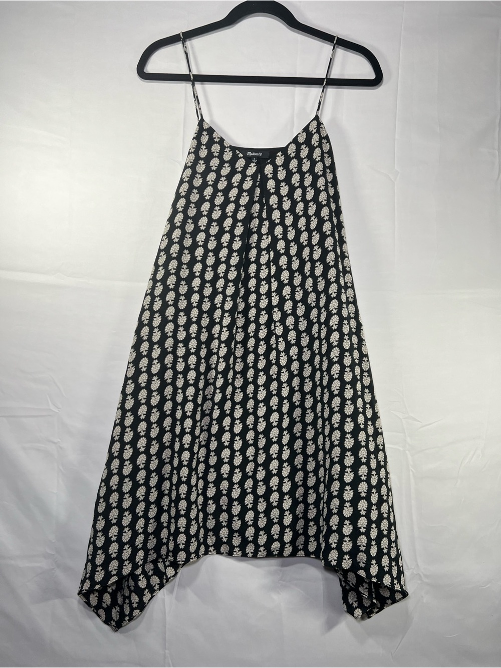 Madewell Silk Handkerchief Dress Black Ivory Floral Print F3609 Womens Medium